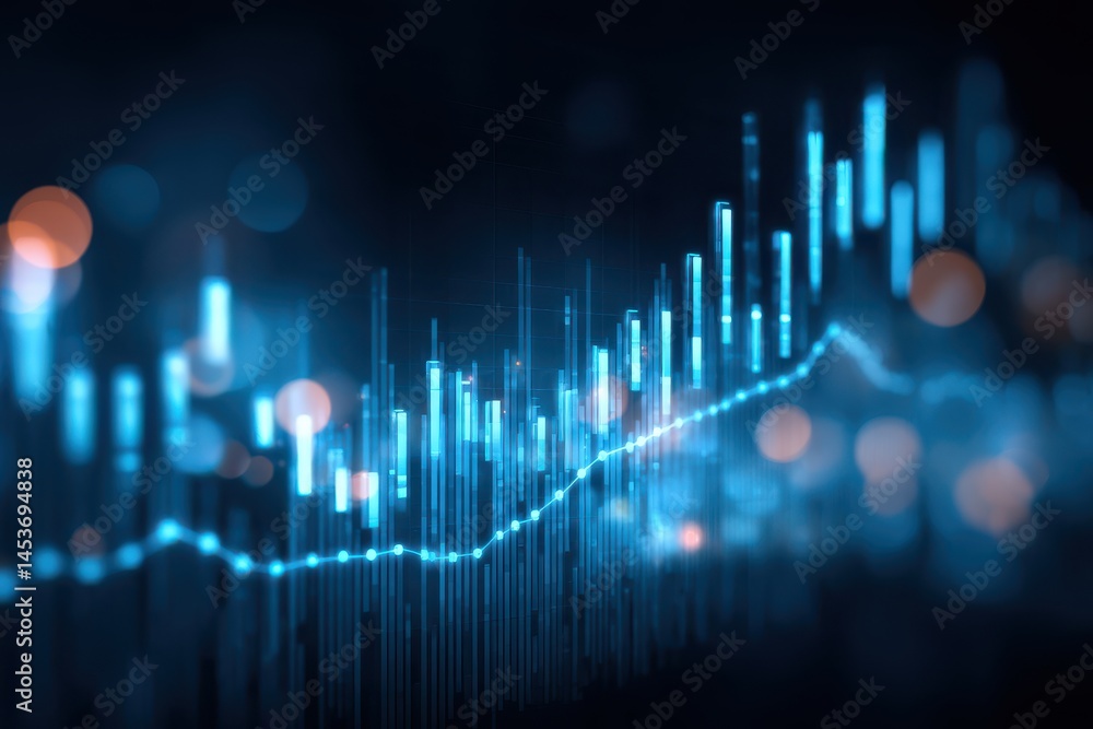 Poster a stunning image of abstract financial chart with glowing blue line graph and bokeh light effect, sh