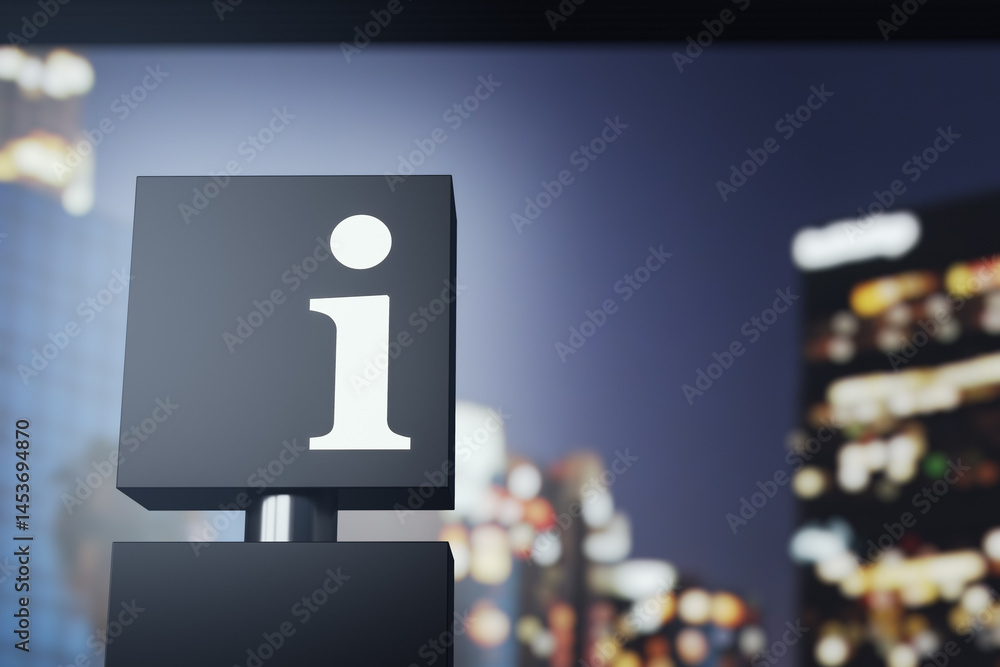 Poster Information symbol signage glowing in dark cityscape background with modern blurred lights and buildings, focused on info icon display cube. 3D Rendering