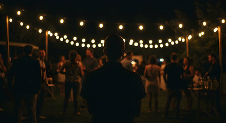 Person Overlooking Vibrant Outdoor Night Party with String Lights