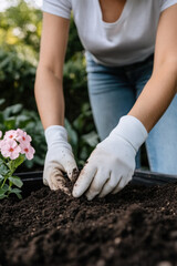 Fototapeta premium Gardener planting flowers in fertile soil using gloves
