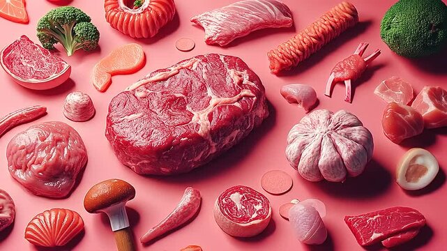 A vibrant arrangement of various raw meats and vegetables on a pink background, showcasing culinary diversity