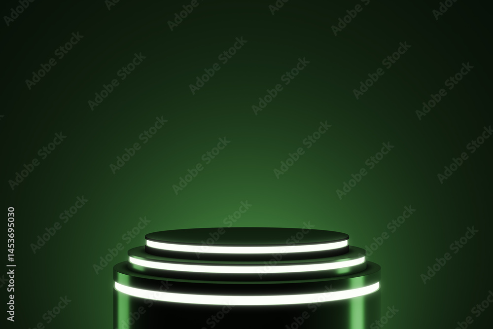 Poster Futuristic dark green illuminated podium with glowing neon rings for product presentation on clean background. 3D Rendering. 3D Rendering
