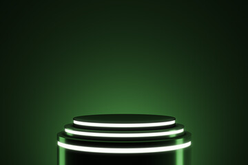 Futuristic dark green illuminated podium with glowing neon rings for product presentation on clean background. 3D Rendering. 3D Rendering