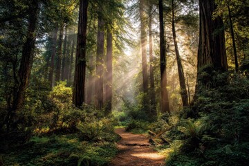 Obraz premium A stunning image of sunlight filters through towering redwood trees, illuminating a serene forest scene with lush foliage and earthy ground.