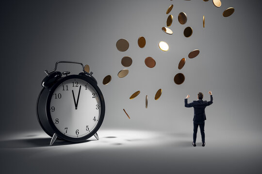 Businessman celebrating falling coins with large clock symbolizing time and money management on gradient background in a creative concept scene. - Powered by Adobe