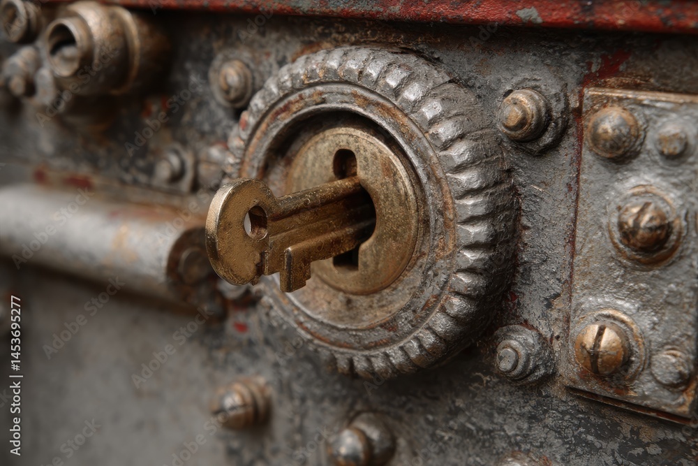 Poster a stunning image of close-up of a key entering a lock emphasizing the metal textures and mechanisms.