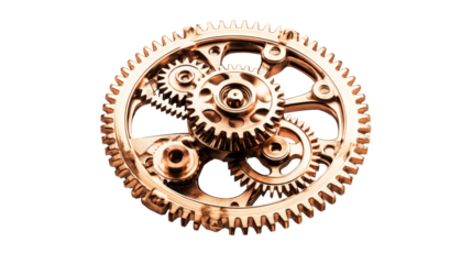 Complex copper gear assembly, cog system, mechanical, cut out transparent