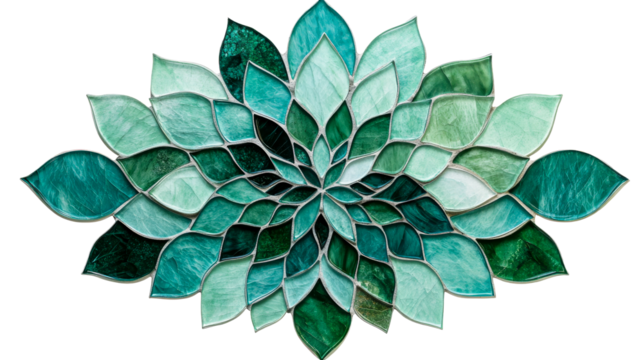 Floral mosaic tile, emerald, teal, and jade, cut out transparent