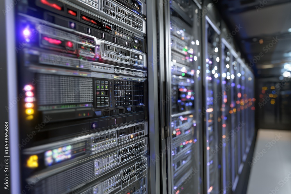 Poster a stunning image of high speed server used for climate research, processing environmental data, tech