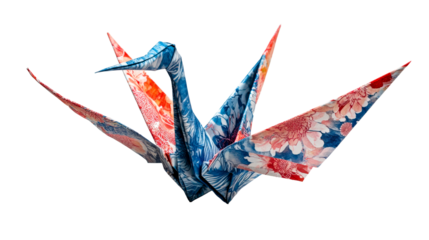 Floral patterned paper bird origami, vibrant colors, cut out transparent