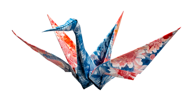 Floral patterned paper bird origami, vibrant colors, cut out transparent