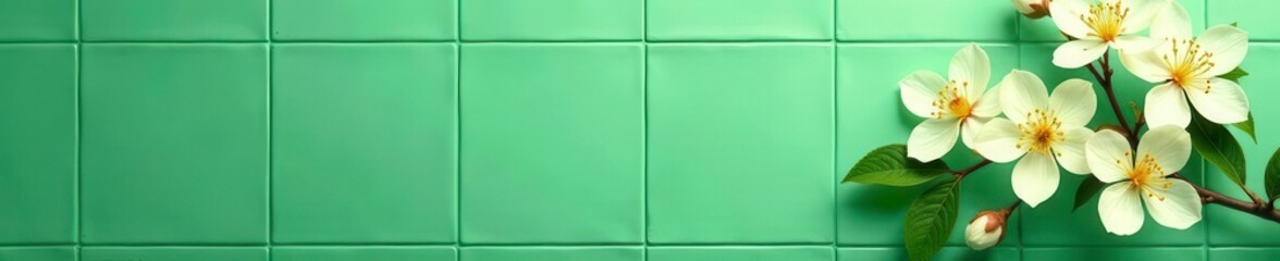 Fototapeta premium Subtle ivory blossoms on jade green, seamless tile design, calm, ornament