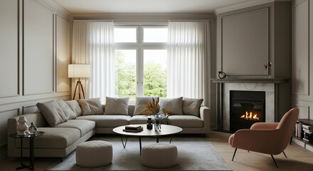Fototapeta premium Modern Living Room Interior with Cozy Atmosphere and Natural Light