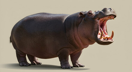Fototapeta premium Hippo in Strong Pose with Mouth Open Showcasing Powerful Teeth