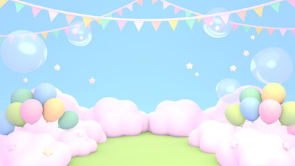 3D render cartoon outdoor balloons party.