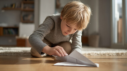 Young child playing intently with paper airplane on wooden floor indoors during daylight hours