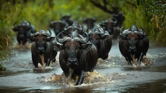 A herd of buffaloes rushing through a river