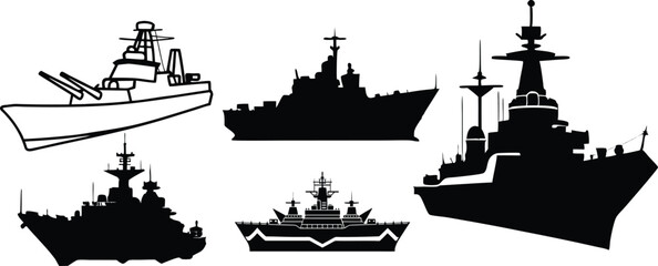 ship silhouette collection, military ship black silhouette vector design.