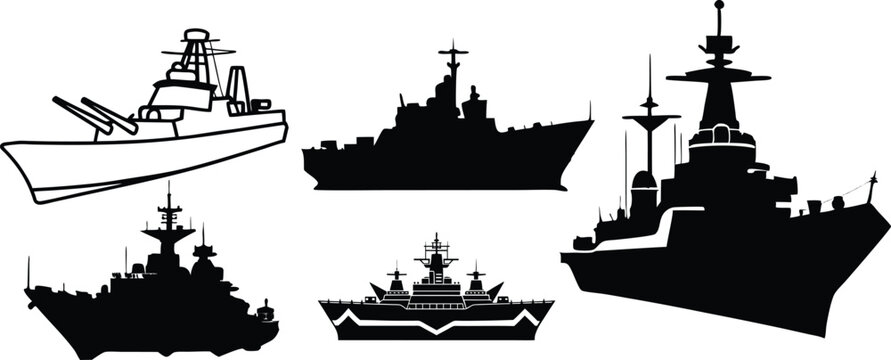 ship silhouette collection, military ship black silhouette vector design.