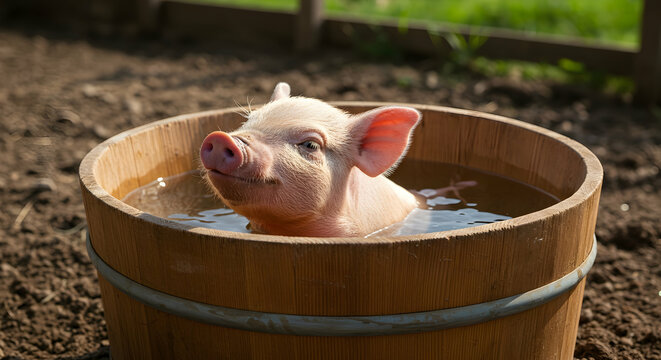 Happy Piglet Relaxing in Wooden Tub Filled with Water Outdoors