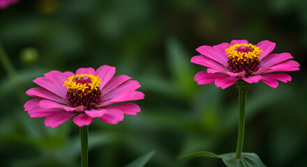 Obraz premium Vibrant Pink Flowers with Yellow Centers in Natural Green Background