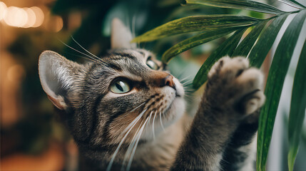 Curious tabby cat examines lush green leaves with keen attention and focused intent in soft lighting