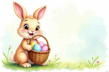 Playful watercolor bunny holding a basket of eggs , watercolor, bunny, design