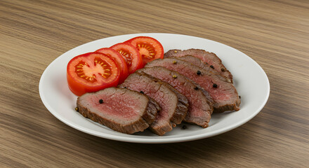 Sliced Beef with Fresh Tomato Slices on a White Plate