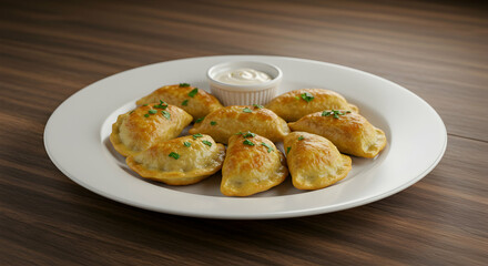 Delicious Golden-Brown Dumplings Served with Creamy Dip on Plate