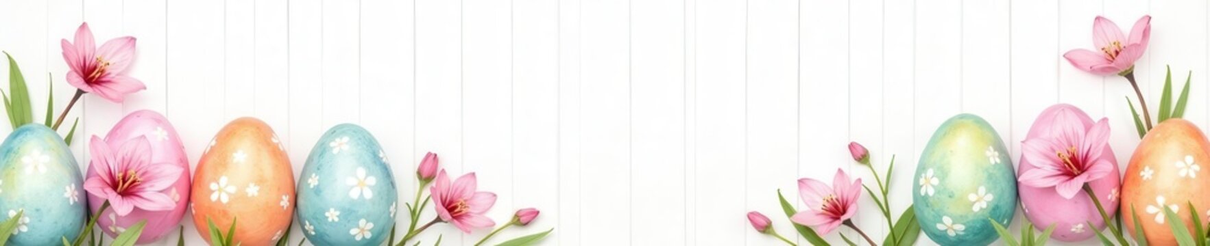 White striped frame, delicate watercolor eggs, spring blossoms, spring, festive, flower