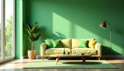 Bright living room, comfy sofa, green accents, rug, home interior