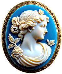 Elegant woman cameo with gold ornate frame on blue background captures timeless beauty and grace.