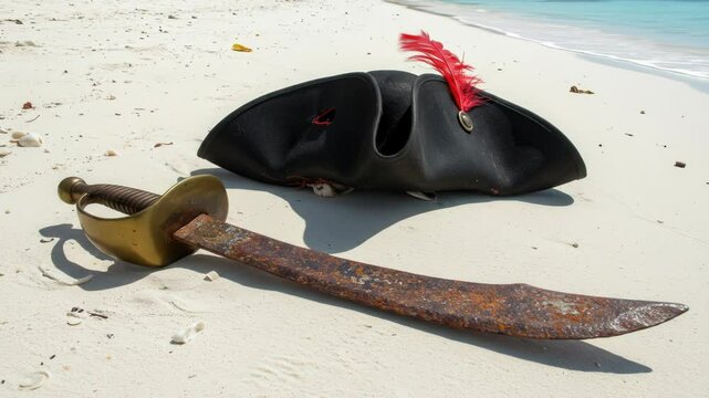 Pirate hat and rusty sword on a tropical beach