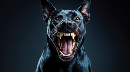 A black dog with its mouth open showing its teeth