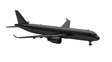 Plane icon in black plastic, aircraft theme, 3D cartoon rendering, white background