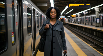 Obraz premium Woman at Subway Station Waiting for Train in Modern Urban Environment
