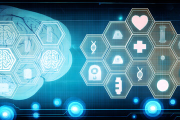 Modern medicine healthcare technology interface with brain and medical icons