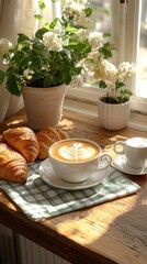 Breakfast at the window, coffee, croissants, flowers