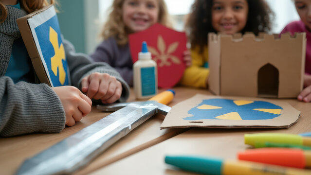 Knightly theme (swords, shields, castles from cardboard)