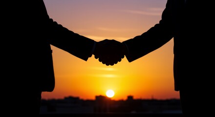 Silhouette of a Business Handshake at Sunset, a Symbol of Dealmaking and Partnership