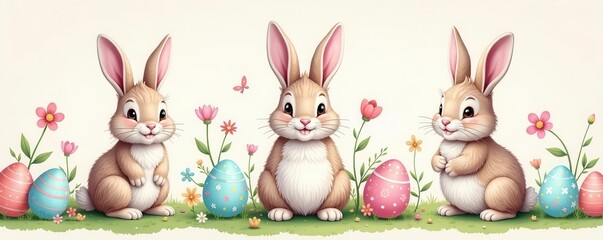 Obraz premium Adorable hand-drawn bunny repeats seamlessly across pastel Easter eggs and spring flowers , surface, backdrop, happy easter