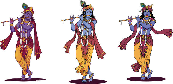 Lord Krishna Playing Flute Digital Illustration, Hindu God Krishna Vector Art, Cartoon Krishna with Peacock Feather and Garland, Indian Mythology Artwork.

