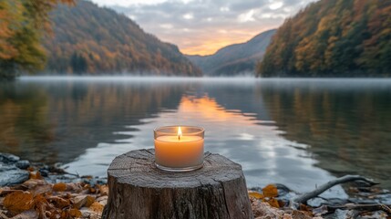Candle on a Log by Lake at Dawn
