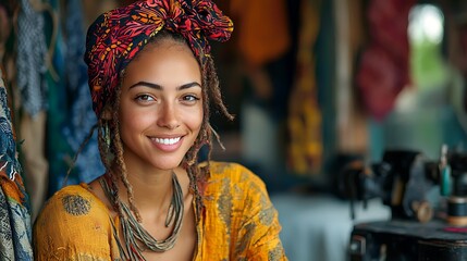 Smiling woman with headwrap in vibrant clothing, surrounded by colorful fabrics in a workshop