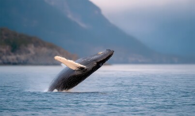 Fototapeta premium Humpback whale emerging from the ocean spray, Generative AI