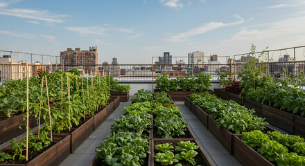 Rooftop Garden with Lush Green Vegetables Against Urban Skyline