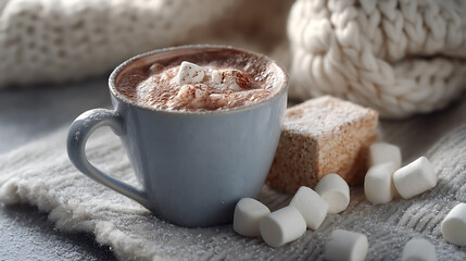 Cozy winter drink with marshmallows in a light blue mug placed on a soft knitted fabric background
