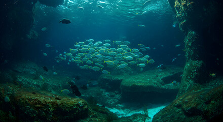 Fototapeta premium Underwater Scene with School of Fish in Ocean Environment