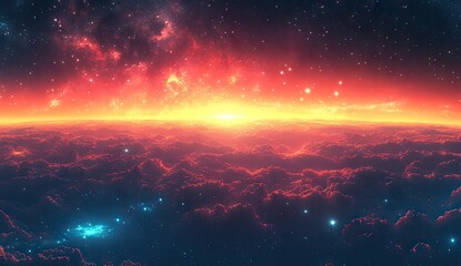 Vivid celestial view above a fiery planetary landscape.