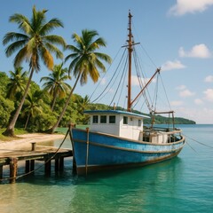 Obraz premium A Tropical Island with a Boat on the Beach